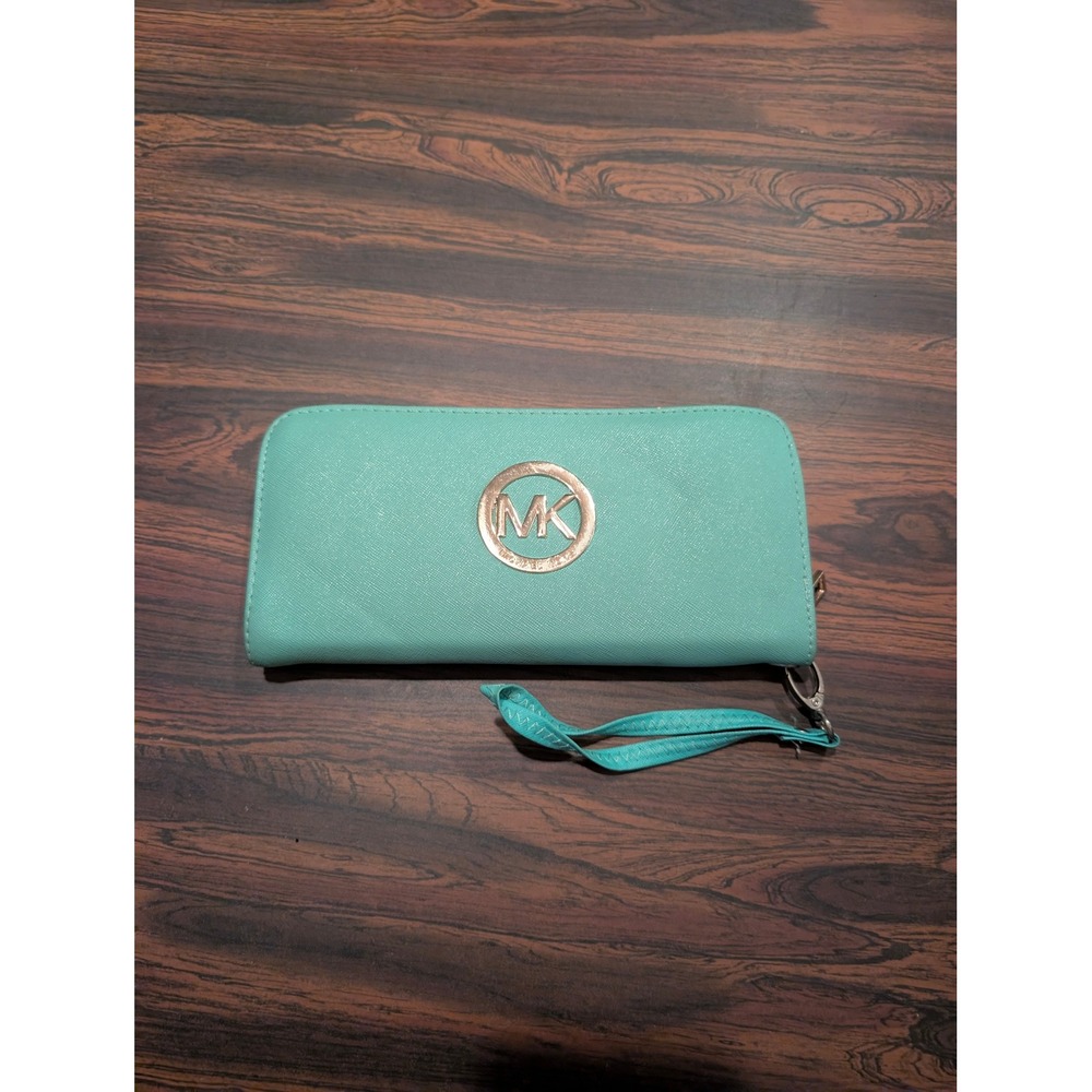 Michael Kors MK Aqua Blue Saffiano Leather Zip Around Wristlet Wallet Organizer